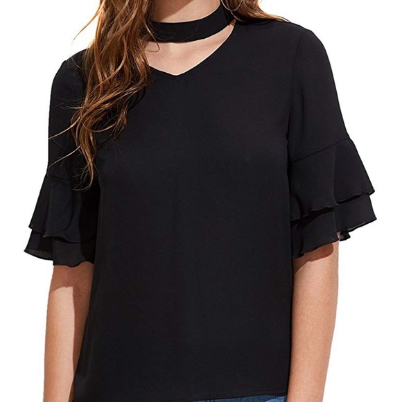 Tops - Black Choker V Neck Blouse